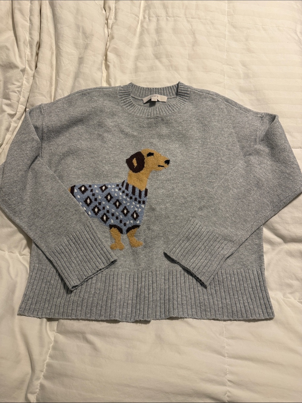 LOFT - Light Gray Crewneck Sweater with Dog Motif - Medium